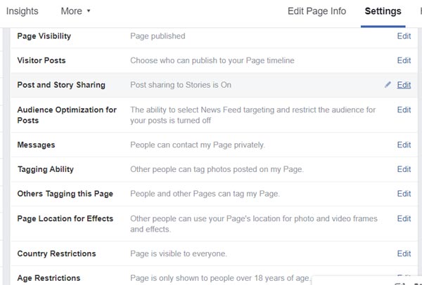 General settings for Facebook business page